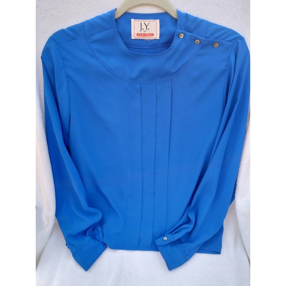 Vintage J.Y. by John Yang Button Shoulder Front Pleat Blue Flattering Trendy